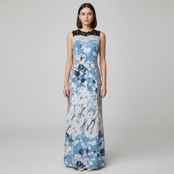 BCBGMAXAZRIA Womens 6 Tahiti Blue Combo Provence Sleeveless Open-Back Gown Maxi - Picture 1 of 15